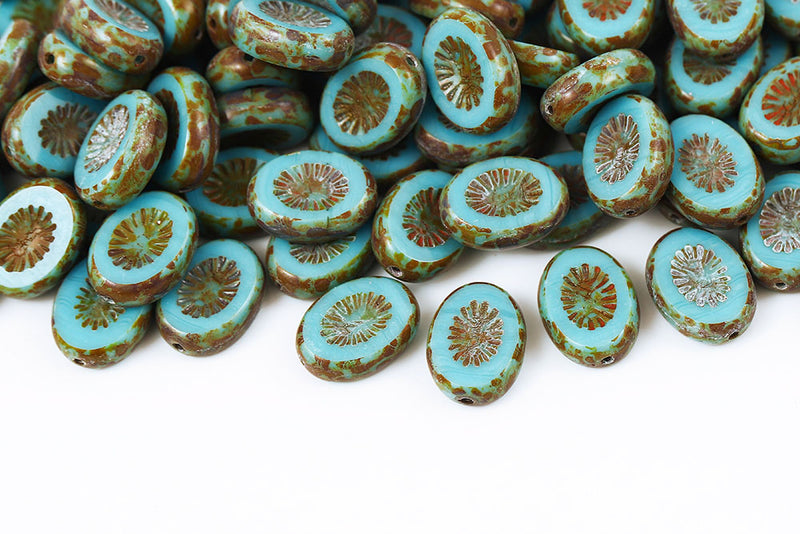 Kiwi 14×10mm Opal Silk Aqua Travertin 1-Hole Czech Beads