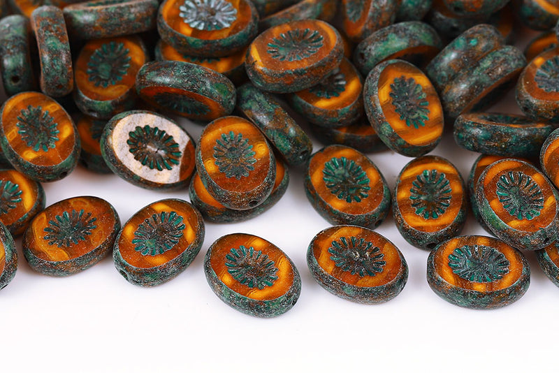 Kiwi 14×10mm Opaque Yellow Mixed Travertin Green Finish 1-Hole Czech Beads