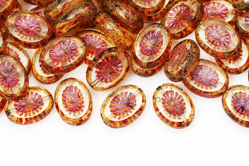 Kiwi 14×10mm Crystal Travertin With Pink 1-Hole Czech Beads