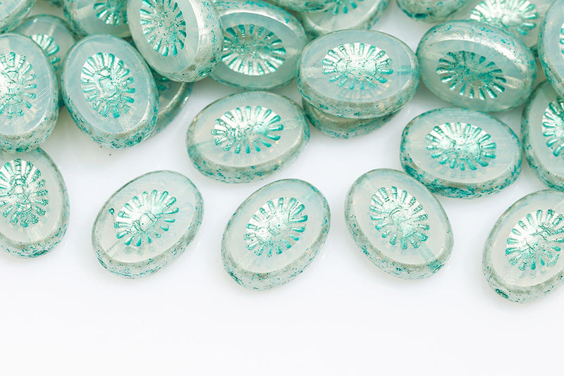 Kiwi 14×10mm Opal White With Green Silver Finish 1-Hole Czech Beads