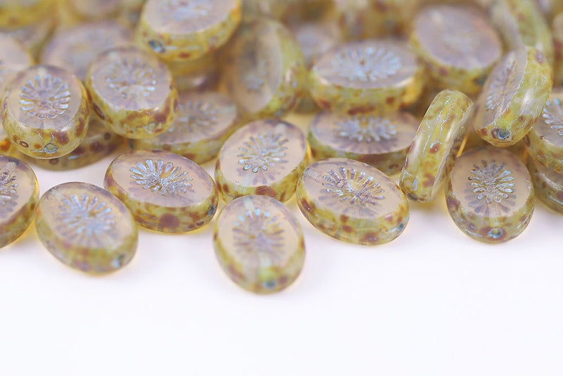 Kiwi 14×10mm Opal White Travertin With Blue 1-Hole Czech Beads