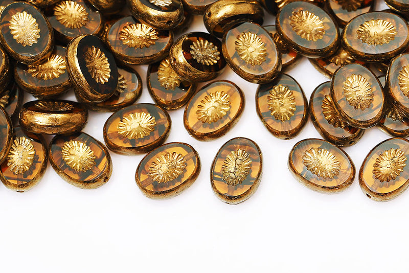 Kiwi 14×10mm Brown Stripes Gold Bronze 1-Hole Czech Beads