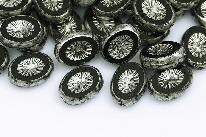 Kiwi 14×10mm Jet Silver Finish 1-Hole Czech Beads