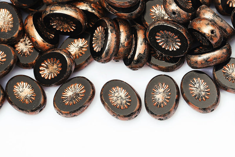 Kiwi 14×10mm Jet Copper Finish 1-Hole Czech Beads