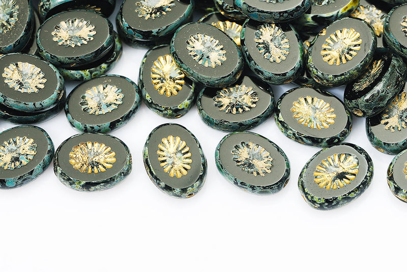 Kiwi 14×10mm Jet Travertin With Gold 1-Hole Czech Beads