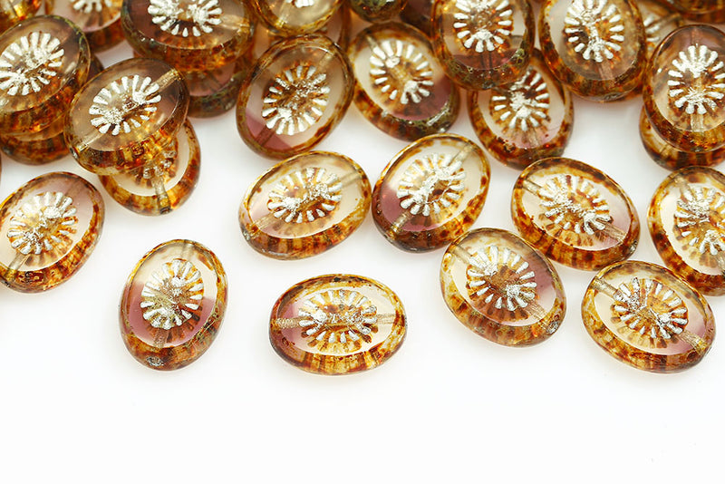 Kiwi 14×10mm Ceystal Purple Mixed Travertin With Silver 1-Hole Czech Beads