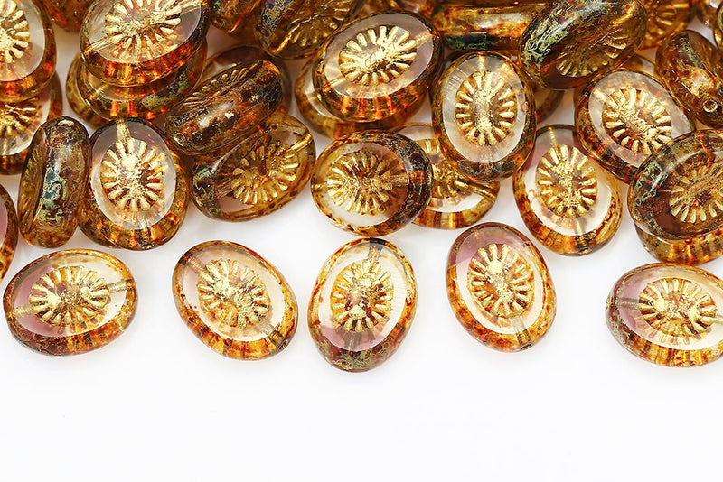 Kiwi 14×10mm Crystal Purple Mixed Travertin With Gold 1-Hole Czech Beads