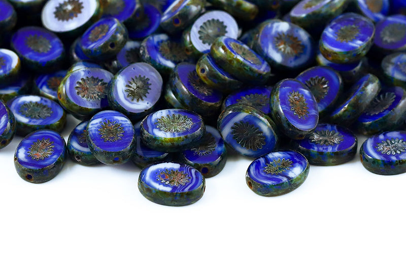 Kiwi 14×10mm Opaque White Blue Mixed Travertin 1-Hole Czech Beads