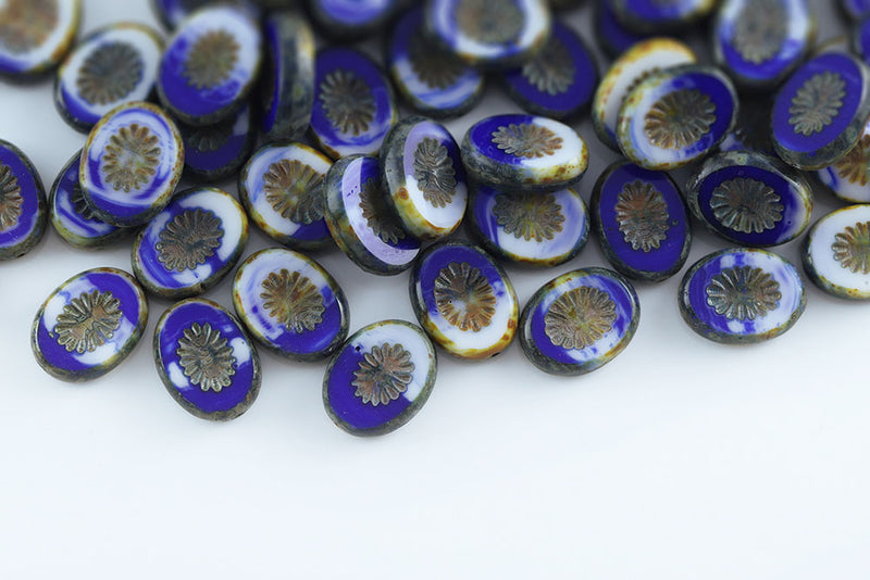 Kiwi 14×10mm Opaque With Blue Mixed Travertin 1-Hole Czech Beads