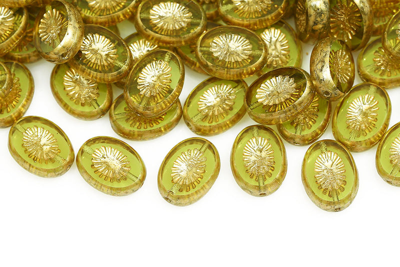 Kiwi 14×10mm 1-Hole Olivine Gold Finish Czech Beads