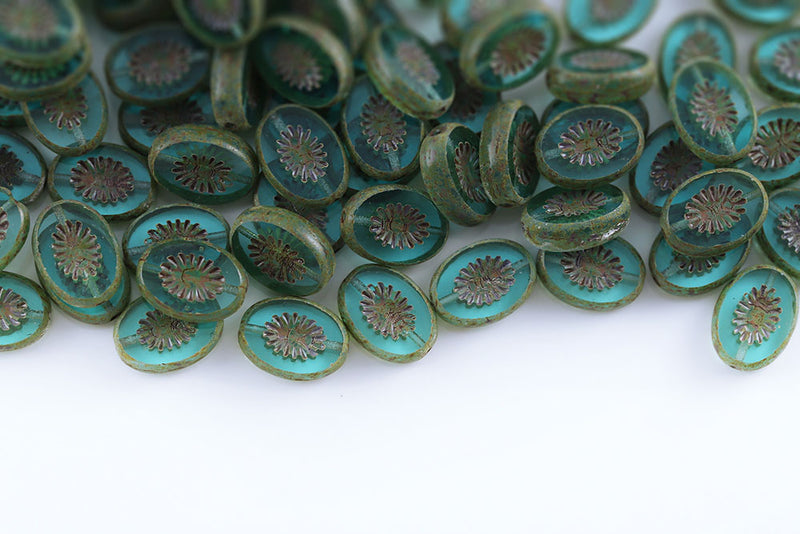 Kiwi 14×10mm Blue Green Travertin 1-Hole Czech Beads