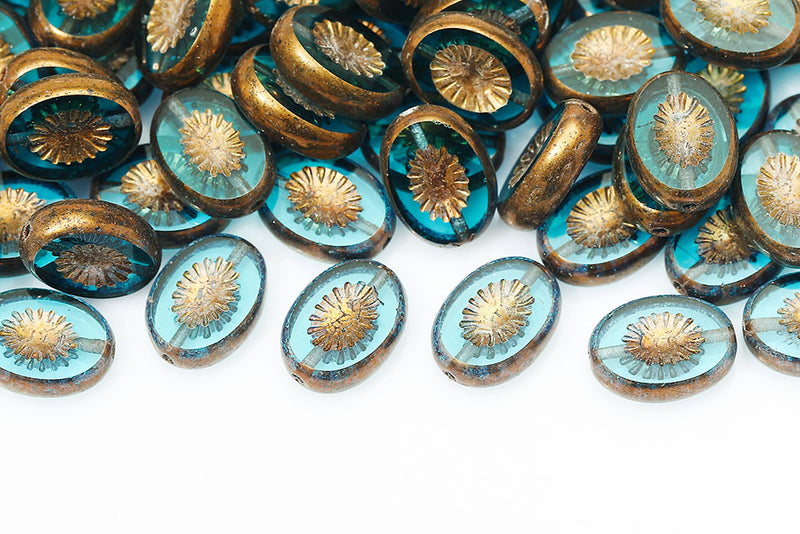 Kiwi 14×10mm Blue Zircon Gold Bronze 1-Hole Czech Beads