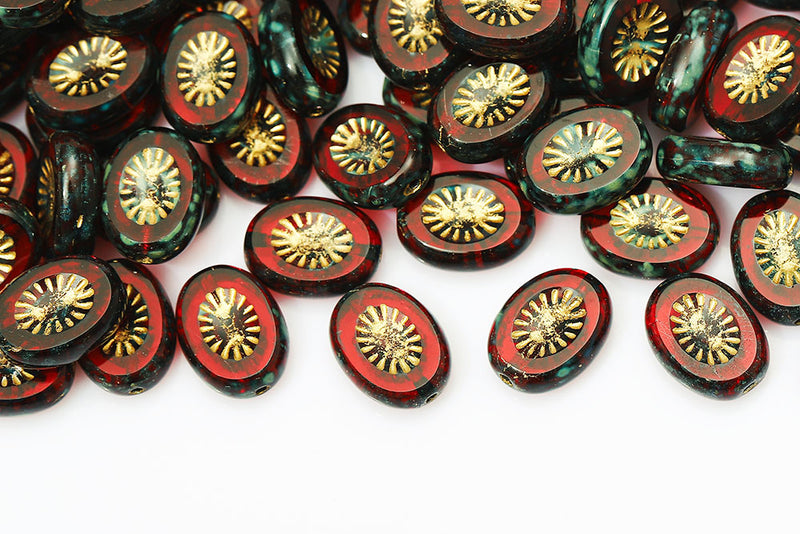 Kiwi 14×10mm Siam Travertin With Gold 1-Hole Czech Beads