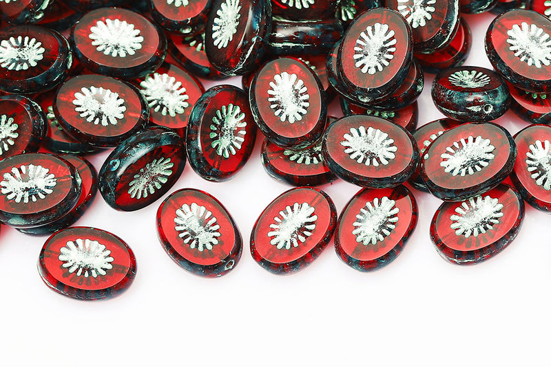 Kiwi 14×10mm Siam Travertin With Green 1-Hole Czech Beads