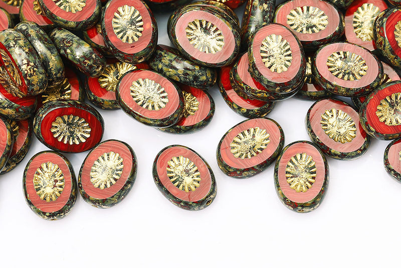 Kiwi 14×10mm Silk Red Travertin With Gold 1-Hole Czech Beads