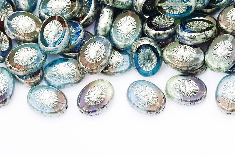 Kiwi 14×10mm Blue Purple Mixed Silver Finish 1-Hole Czech Beads