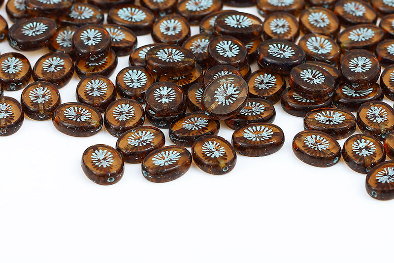 Kiwi 14×10mm Smoked Topaz Travertin With Blue 1-Hole Czech Beads