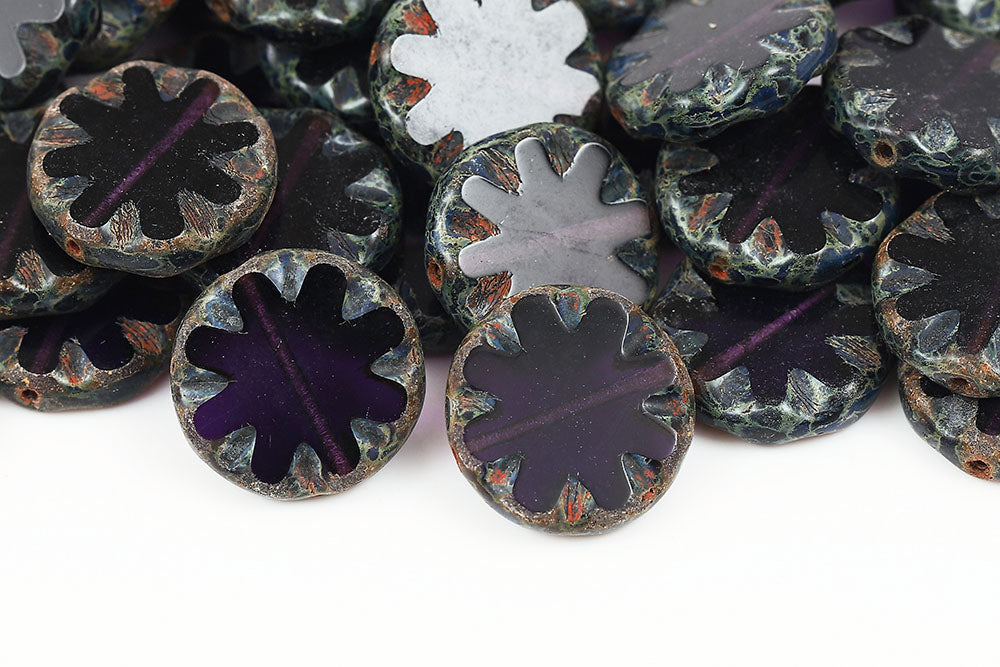 Wheel Coins 18mm Deep Tanzanite Travertin 1-Hole Czech Beads