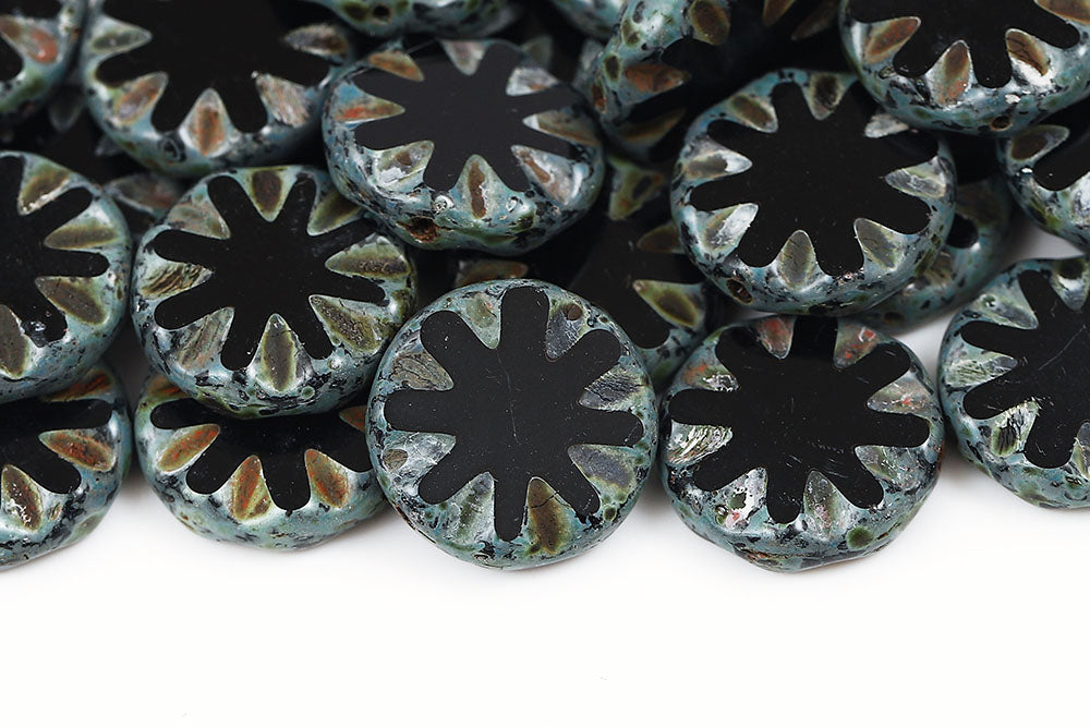 Wheel Coins 18mm Jet Travertin 1-Hole Czech Beads