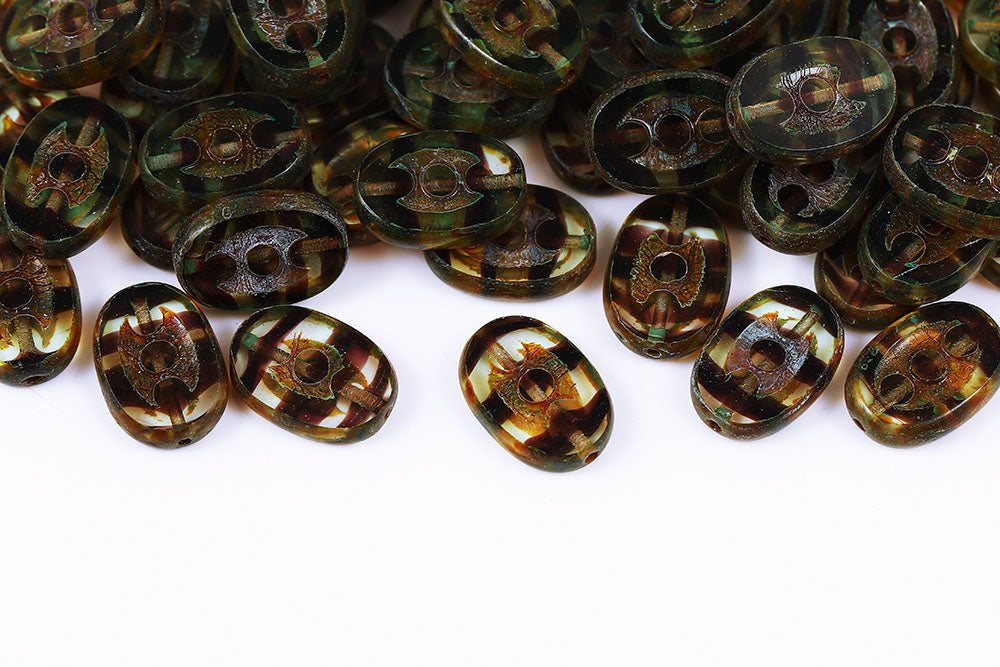 3 Dots Designed 14×9mm Black Stripes With Green Travertin 1-Hole Czech Beads