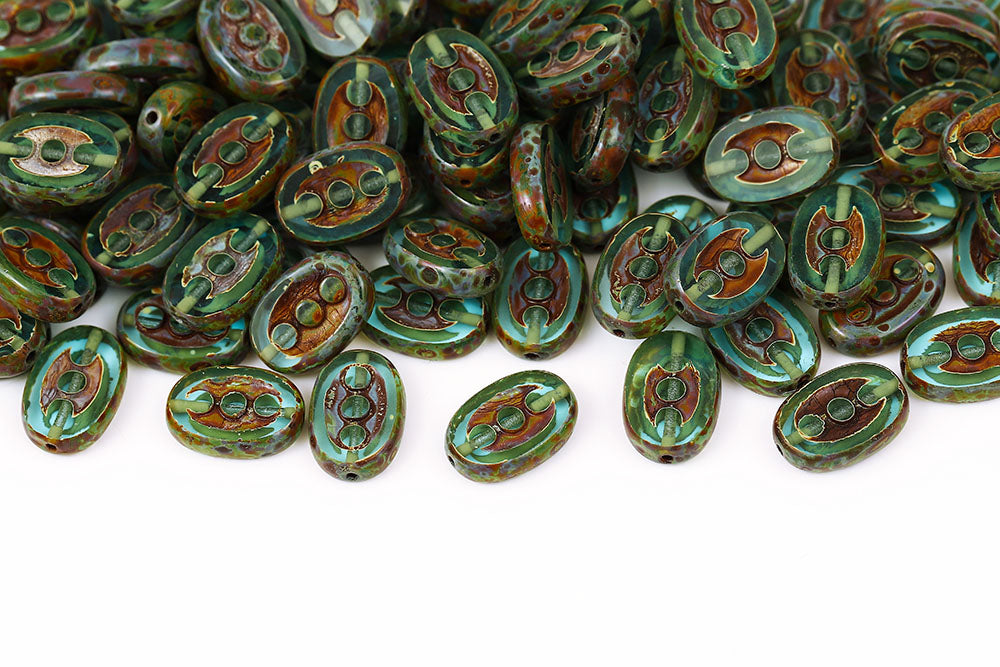 3 Dots Designed 14×9mm Aqua Travertin 1-Hole Czech Beads