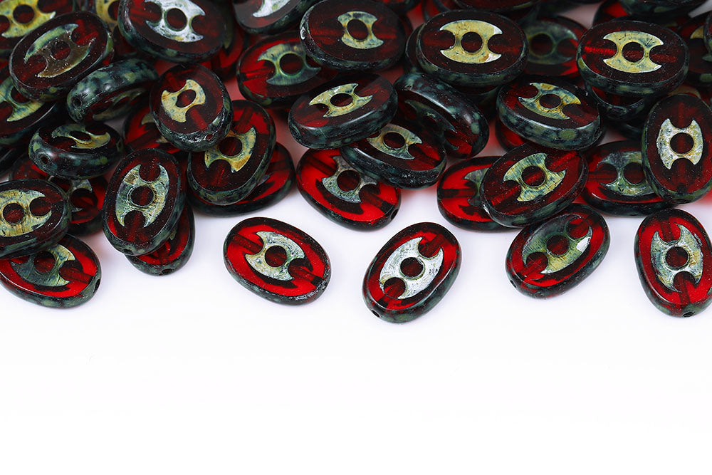 3 Dots Designed 14×9mm Siam Travertin 1-Hole Czech Beads