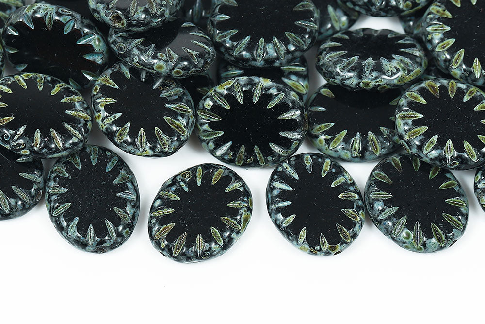 Rays Oval 14×12mm Black Travertine 1-Hole Czech Beads