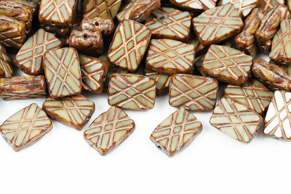 Grid Rectangle 12×8mm Ivory Travertine With Copper 1-Hole Czech Beads