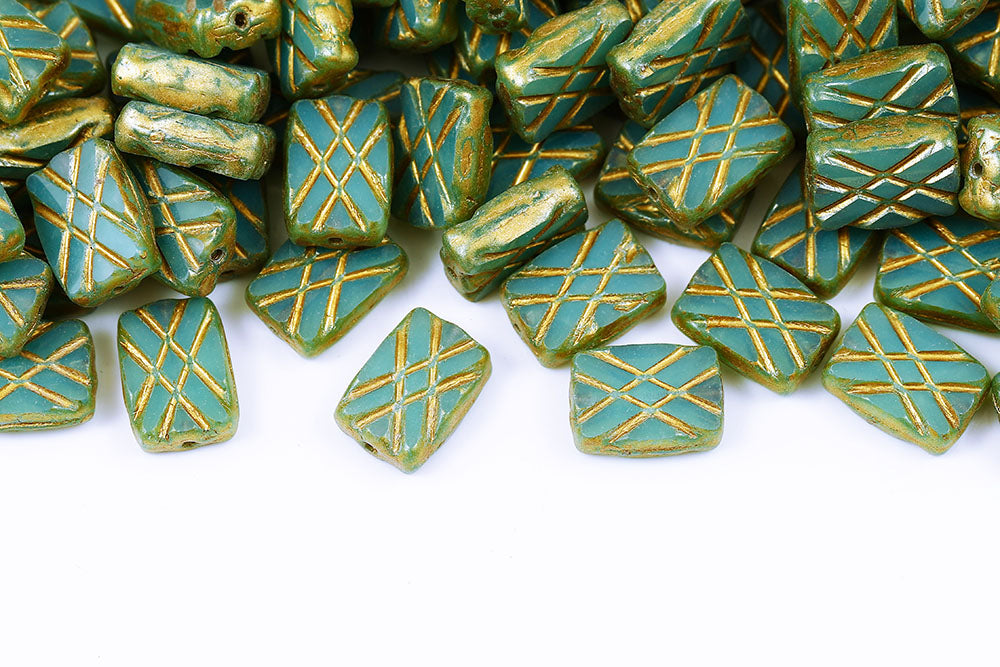 Grid Rectangle 12×8mm Opal Aqua Gold Finish 1-Hole Czech Beads