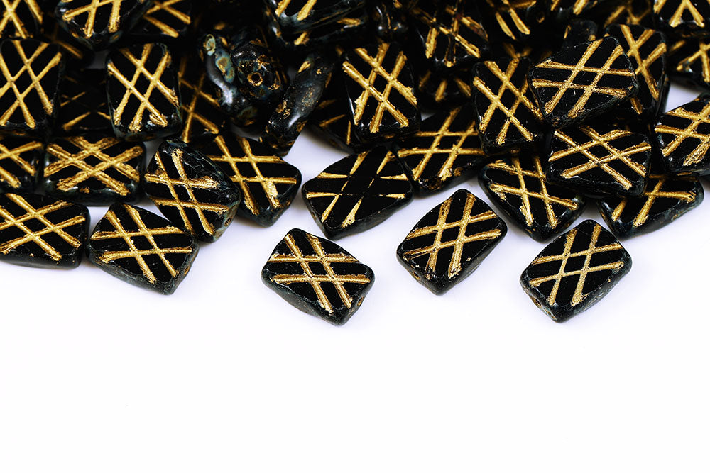 Grid Rectangle 12×8mm Black Travertin With Gold 1-Hole Czech Beads