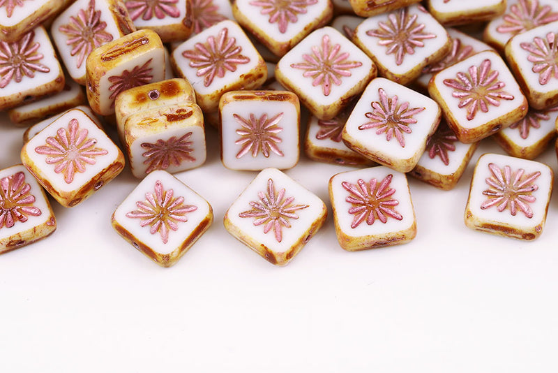 Squared Kiwi 10×10mm Chalk Travertin With Pink 1-Hole Czech Beads