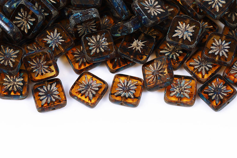 Squared Kiwi 10×10mm Black Stripes On Brown Travertin 1-Hole Czech Beads