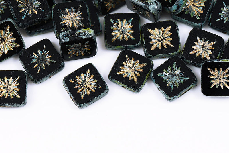 Squared Kiwi 10×10mm Jet Travertin With Gold 1-Hole Czech Beads