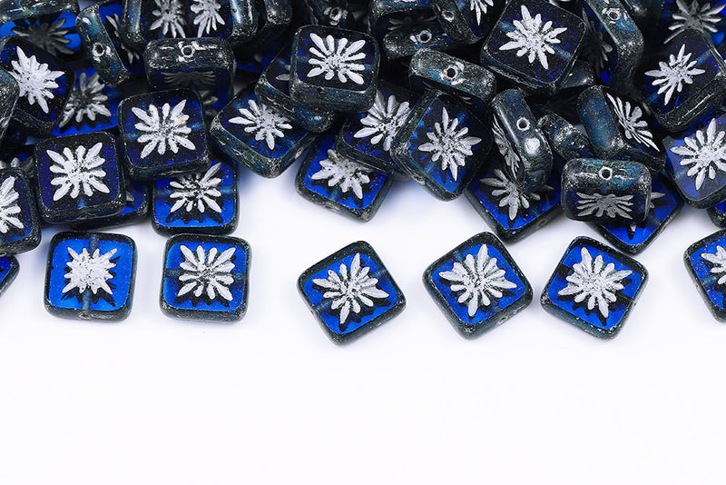 Squared Kiwi 10×10mm Dark Sapphire Travertin With Silver 1-Hole Czech Beads