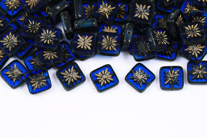 Squared Kiwi 10×10mm Dark Sapphire Travertin With Gold 1-Hole Czech Beads