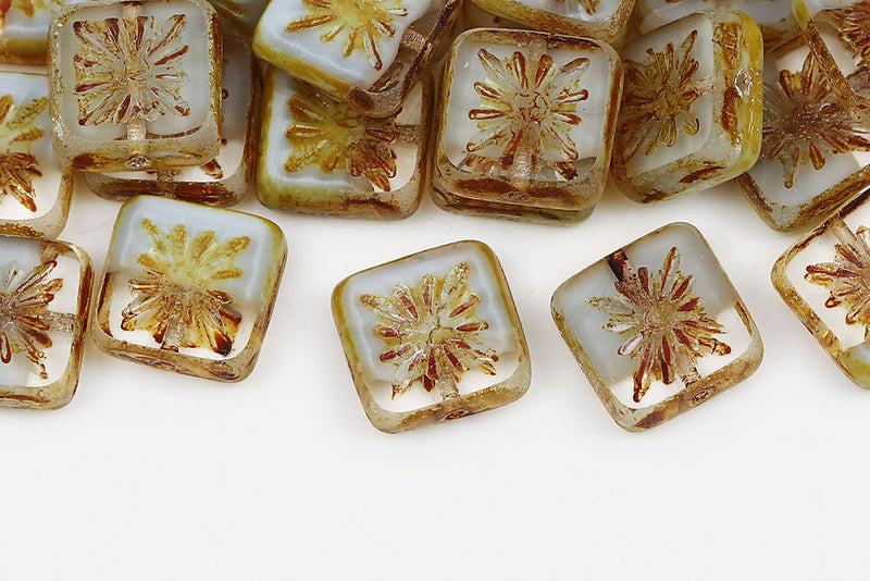 Squared Kiwi 10×10mm Crystal Blue Mixed Travertin 1-Hole Czech Beads