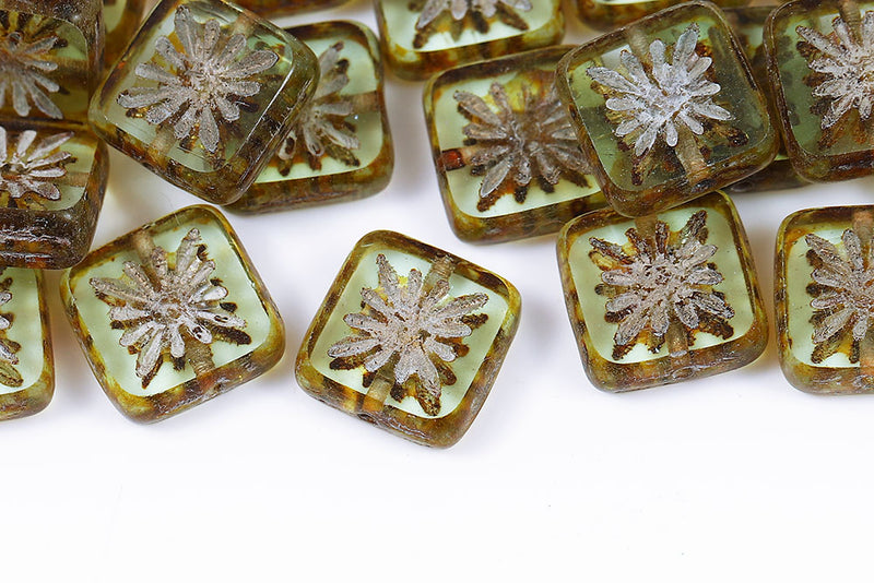 Squared Kiwi 10×10mm Grass Green Travertin 1-Hole Czech Glass Beads