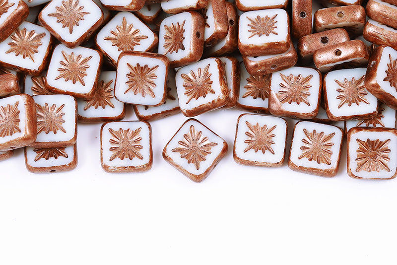Squared Kiwi 10×10mm Off White Copper Finish 1-Hole Czech Beads