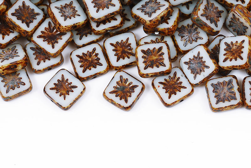 Squared Kiwi 10×10mm Off White Travertin 1-Hole Czech Beads