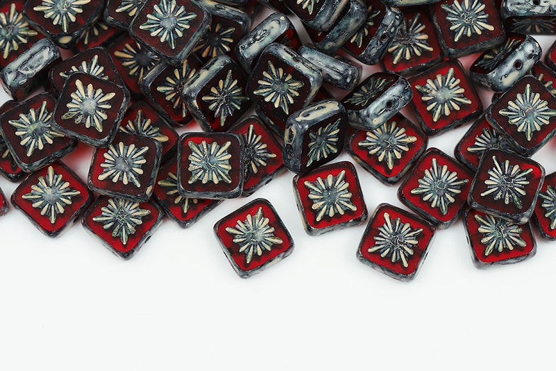 Squared Kiwi 10×10mm Siam Jonquil Finish 1-Hole Czech Beads