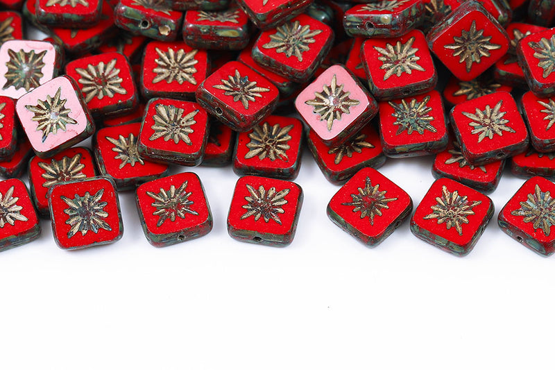 Squared Kiwi 10×10mm Coral Red Travertin With Gold 1-Hole Czech Beads