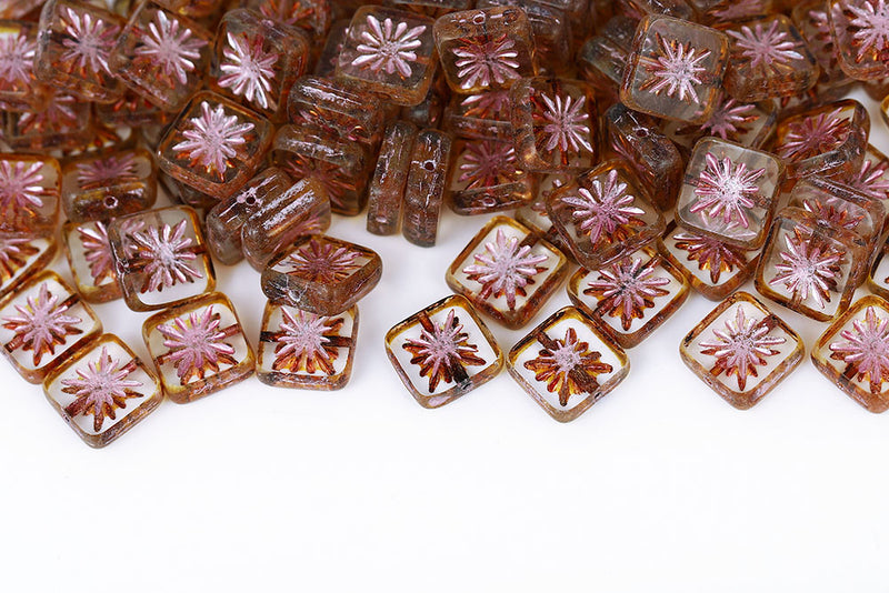 Squared Kiwi 10×10mm Crystal Travertin With Pink 1-Hole Czech Beads