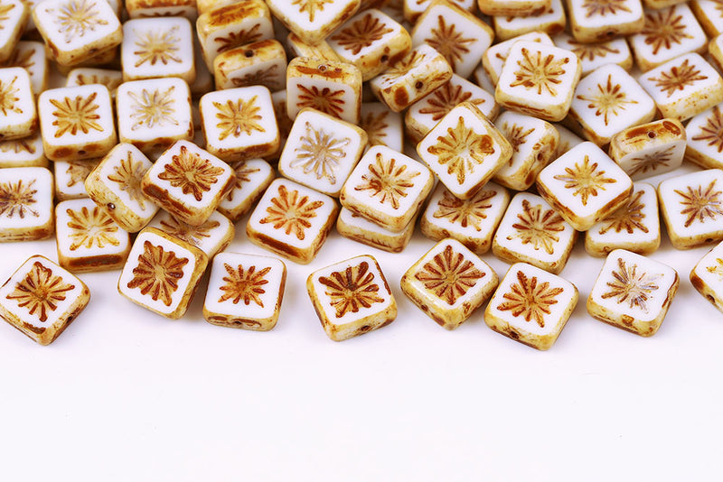 Squared Kiwi 10×10mm Snowflake White Travertin 1-Hole Czech Beads