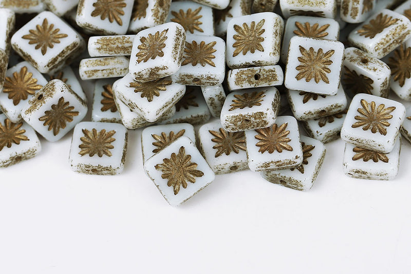 Squared Kiwi 10×10mm Chalk Gold Finish 1-Hole Czech Beads