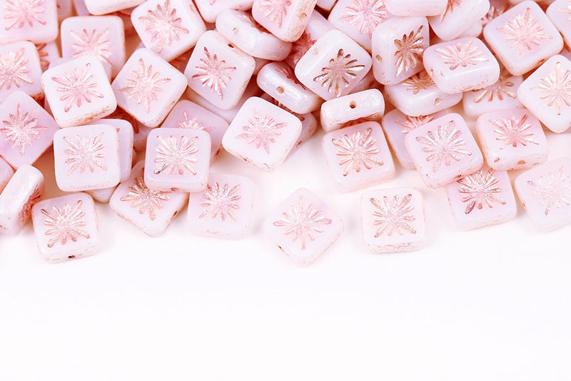 Squared Kiwi 10×10mm Chalk With Pink 1-Hole Czech Beads