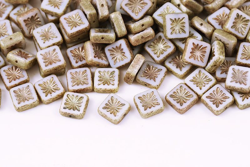 Squared Kiwi 10×10mm Chalk With Rose Gold 1-Hole Czech Beads