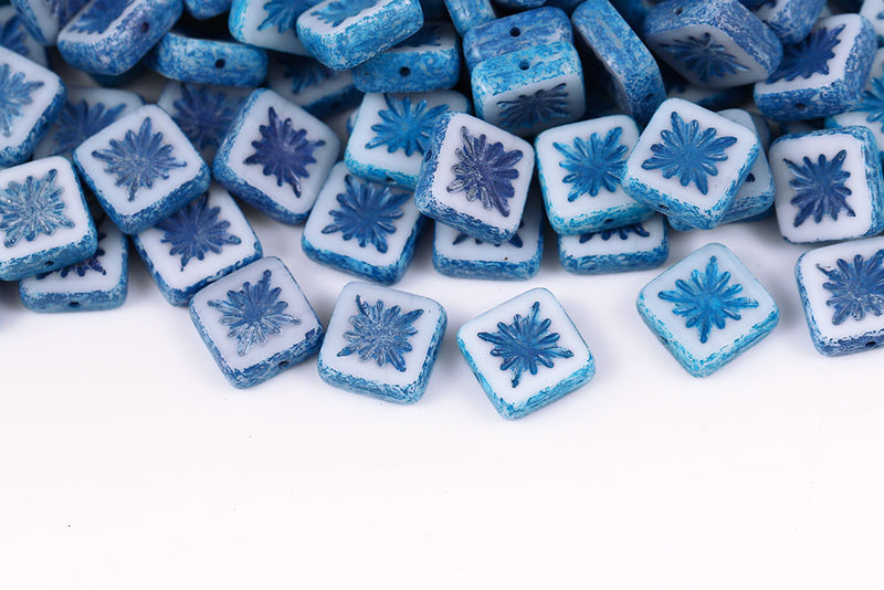 Squared Kiwi 10×10mm Chalk With Blue Purple 1-Hole Czech Beads