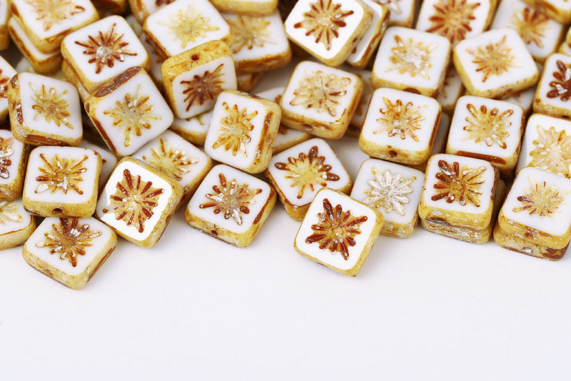 Squared Kiwi 10×10mm Silver Splash Chalk 1-Hole Czech Beads