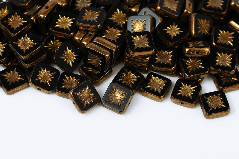 Squared Kiwi 10×10mm Jet Gold Finish 1-Hole Czech Beads