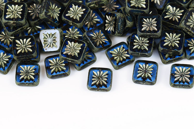 Squared Kiwi 10×10mm Sapphire Travertin With Peach 1-Hole Czech Beads